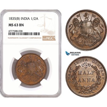 AF112, India, East India Company, 1/2 Anna 1835 (B) Bombay, NGC MS63BN