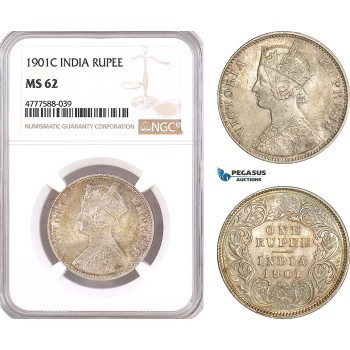 AF113, India (British) Victoria, 1 Rupee 1901 (C) Calcutta, Silver, NGC MS62