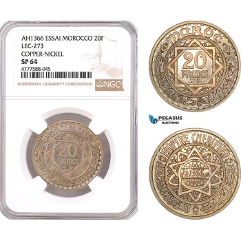 AF118, Morocco, Mohammed V, ESSAI 20 Francs AH1366, Copper-Nickel, Lec-273, NGC SP64