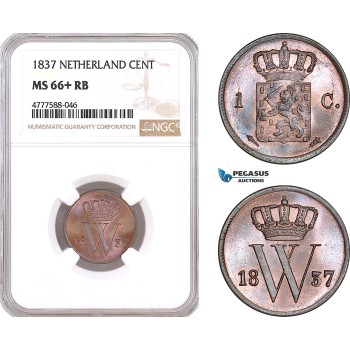 AF119, Netherlands, Willem I, 1 Cent 1837, Utrecht, NGC MS66+RB, Pop 1/0