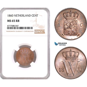 AF120, Netherlands, Willem III, 1 Cent 1860, Utrecht, NGC MS65RB, Pop 1/0