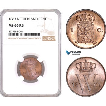 AF121, Netherlands, Willem III, 1 Cent 1863, Utrecht, NGC MS66RB, Pop 1/0