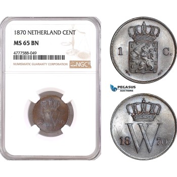 AF122, Netherlands, Willem III, 1 Cent 1870, Utrecht, NGC MS65BN, Pop 1/0