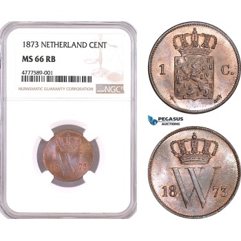 AF123, Netherlands, Willem III, 1 Cent 1873, Utrecht, NGC MS66RB, Pop 1/0