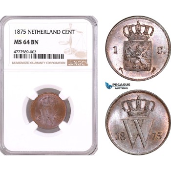 AF124, Netherlands, Willem III, 1 Cent 1875, Utrecht, NGC MS64BN, Pop 1/0