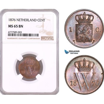AF125, Netherlands, Willem III, 1 Cent 1876, Utrecht, NGC MS65BN, Pop 1/0