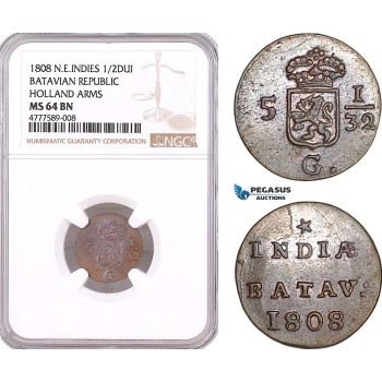 AF130, Netherlands East Indies, Batavian Rep. 1/2 Duit 1808, Holland Arms, NGC MS64BN