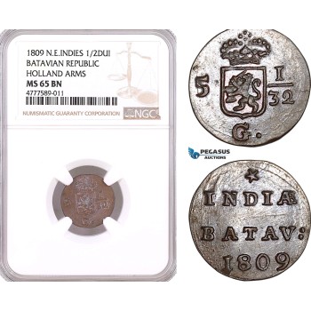AF133, Netherlands East Indies, Batavian Rep. 1/2 Duit 1809, Holland Arms, NGC MS65BN