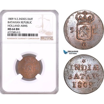 AF135, Netherlands East Indies, Batavian Rep. 1 Duit 1809, Holland Arms, NGC MS64BN
