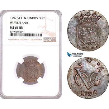 AF137, Netherlands East Indies, VOC, 1 Duit 1792, West Friesland Arms, NGC MS61BN