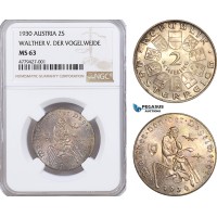 AF168, Austria, 2 Shilling 1930, Silver, Walther V. Der Vogelweide, NGC MS63