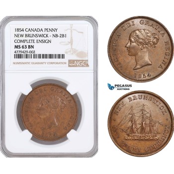 AF170, Canada, New Brunswick, Victoria, Penny 1854, Complete Ensign, NB-2B1, NGC MS63BN