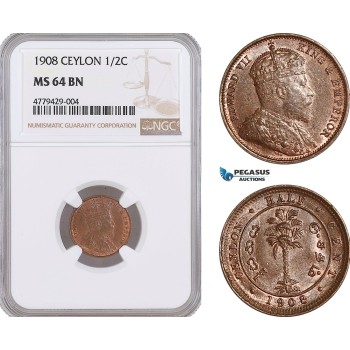AF173, Ceylon, Edward VII, 1/2 Cent 1908, NGC MS64BN