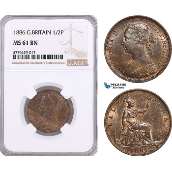 AF185, Great Britain, Victoria, 1/2 Penny 1886, Royal Mint, NGC MS61BN