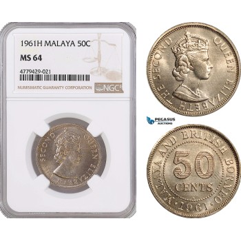 AF191, Malaya, Elisabeth II, 50 Cents 1961-H, Heaton, NGC MS64