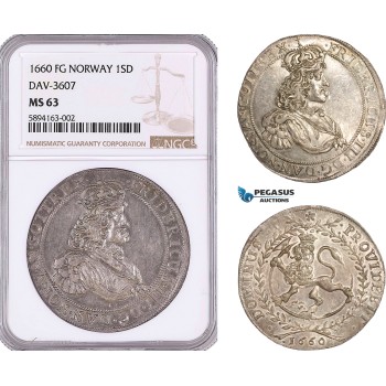 AF194, Norway, Frederik III, Speciedaler 1660 FG, Christiania, Silver, NGC MS63, Pop 1/0, Rare!