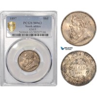 AF205, South Africa (ZAR) 1 Shilling 1897, Pretoria, Silver, PCGS MS63
