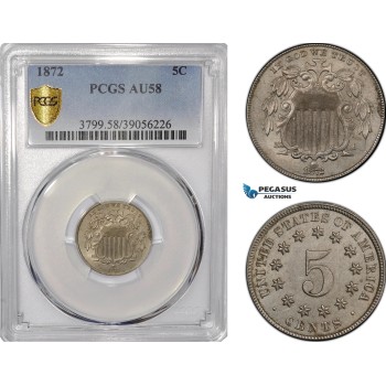 AF212-R, United States, Shield Nickel (5c) 1872, Philadelphia, PCGS AU58