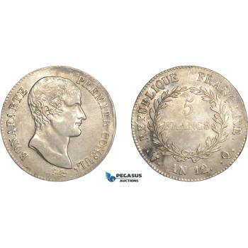 AF226, France, Napoleon (Premier Consul) 5 Francs AN 12-Q, Perpignan, Silver, AU (SUP) Rare!