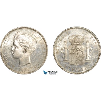AF251, Spain, Alfonso XIII, 5 Pesetas 1898 (98) SG-V, Valencia, Silver, Cleaned UNC
