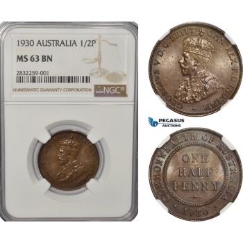 AF260-R, Australia, George V, Half Penny 1930, NGC MS63BN