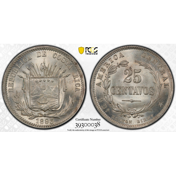 AF263, Costa Rica, 25 Centavos 1893 Heaton Birmm. Silver, PCGS MS66+, Pop 1/0