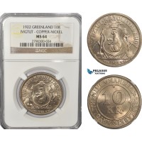 AF281-R, Greenland, Ivigtut, 10 Kroner 1922, Copenhagen, Cu-Ni, NGC MS64 AF281-R, Greenland, Ivigtut, 10 Kroner 1922, Copenhagen, Cu-Ni, NGC MS64