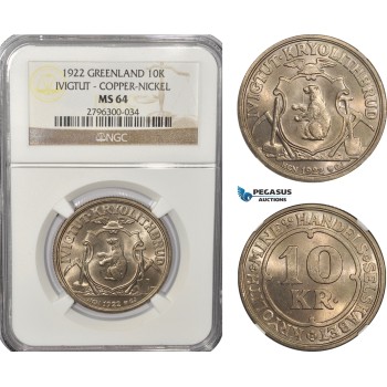 AF281-R, Greenland, Ivigtut, 10 Kroner 1922, Copenhagen, Cu-Ni, NGC MS64 AF281-R, Greenland, Ivigtut, 10 Kroner 1922, Copenhagen, Cu-Ni, NGC MS64