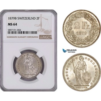 AF295, Switzerland, 2 Francs 1879-B, Bern, Silver, NGC MS64, Top Pop, Very Rare!
