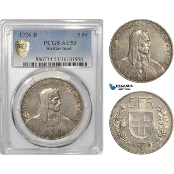 AF297, Switzerland, 5 Francs 1926-B, Bern, Silver, PCGS AU53