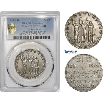AF300, Switzerland, 5 Francs 1941-B, Bern, Silver, Swiss Conf. PCGS UNC Det.