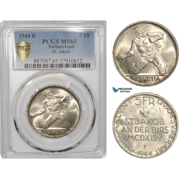 AF301, Switzerland, 5 Francs 1944-B, Bern, Silver, St. Jakob PCGS MS65