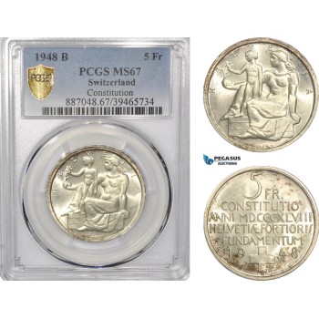 AF302, Switzerland, 5 Francs 1948-B, Bern, Silver, Constitution PCGS MS67