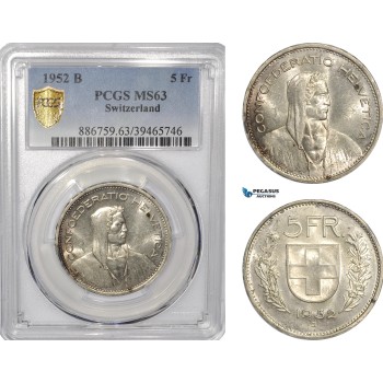 AF303, Switzerland, 5 Francs 1952-B, Bern, Silver, PCGS MS63