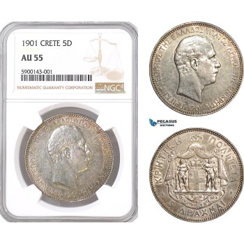 AF311, Crete, George I. of Greece, 5 Drachmai 1901, Paris, Silver, NGC AU55, Rare!