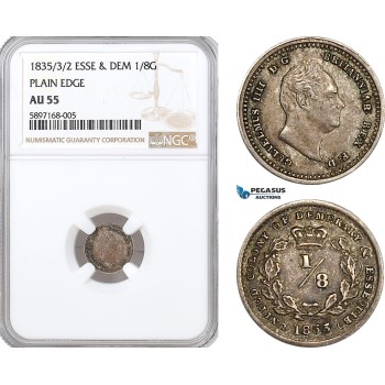 AF313, Essequibo & Demerary, William IV, 1/8 Guilder 1835/3/2, Silver, NGC AU55, Pop 1/2