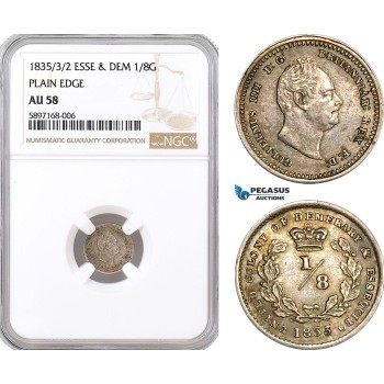 AF314, Essequibo & Demerary, William IV, 1/8 Guilder 1835/3/2, Silver, NGC AU58, Pop 1/1