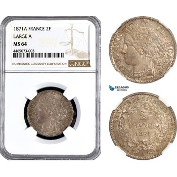 AF321, France, Third Republic, 2 Francs 1871-A, Paris, Silver Large A, NGC MS64
