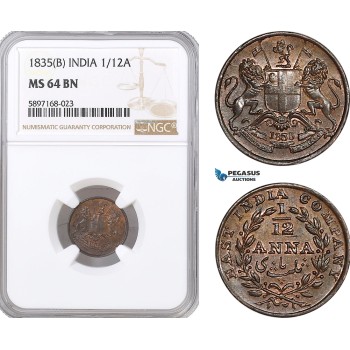 AF328, India, East India Company, 1/12 Anna 1835 (B) Bombay, NGC MS64BN