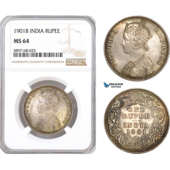 AF330, India (British) Victoria, 1 Rupee 1901 (B) Bombay, Silver, NGC MS64