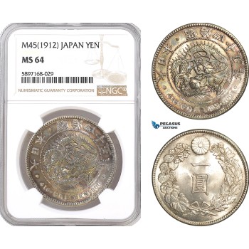 AF334, Japan, Meiji, Yen Yr. 45 (1912) Silver, NGC MS64