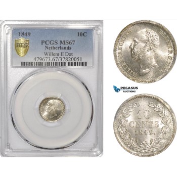 AF337, Netherlands, Willem II, 10 Cents 1849, Utrecht, Silver, Dot, PCGS MS67