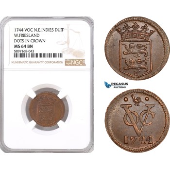AF339, Netherlands East Indies, VOC, Duit 1744 (West Friesland Arms) Dots in Crown, NGC MS64BN, Pop 1/0
