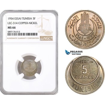 AF358, Tunisia, Essai 5 Francs 1954, Lec-314, Copper-Nickel, NGC MS66