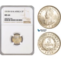 AF370, British West Africa, George V, Threepence (3p) 1919-H, Heaton, Silver, NGC MS64