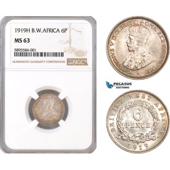 AF371-R, British West Africa, George V, Sixpence (6p) 1919-H, Heaton, Silver, NGC MS63