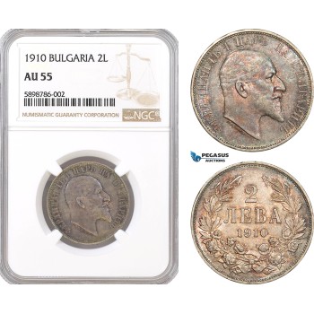 AF373, Bulgaria, Ferdinand I, 2 Leva 1910, Silver, NGC AU55