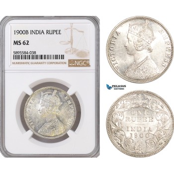 AF391-R, India (British) Victoria, Rupee 1900-B, Bombay, Silver, NGC MS62