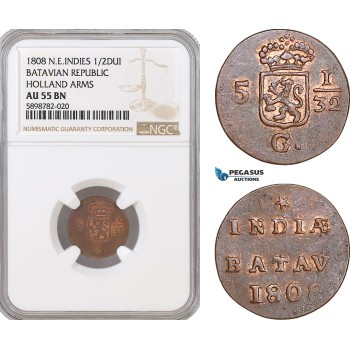 AF395, Netherlands East Indies, Batavian Rep. 1/2 Duit 1808, Holland Arms, NGC AU55BN