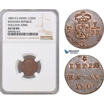 AF396, Netherlands East Indies, Batavian Rep. 1/2 Duit 1809, Holland Arms, NGC AU58BN